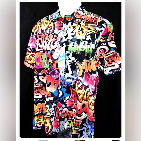 NWT Fresh Bel-Air Graffiti Men Short Sleeve Shirt 4Way Stretch fabric L… - Picture 1 of 3